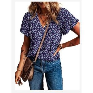 EVALESS Womens Summer Tops Sexy V-Neck Floral Print Flutter Short Sleeve Sz M